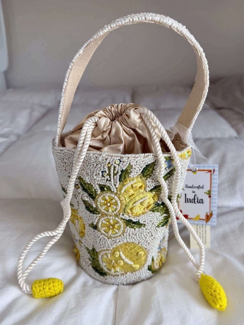 Handcrafted White & Yellow lemon Beaded Bucket Bag